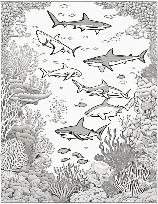 Underwater Shark Coloring: Vibrant Coral Reef Friends