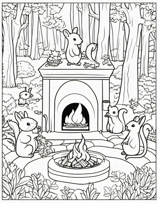 Color and Camp: Woodland Friends Gathering Around a Cozy Fire