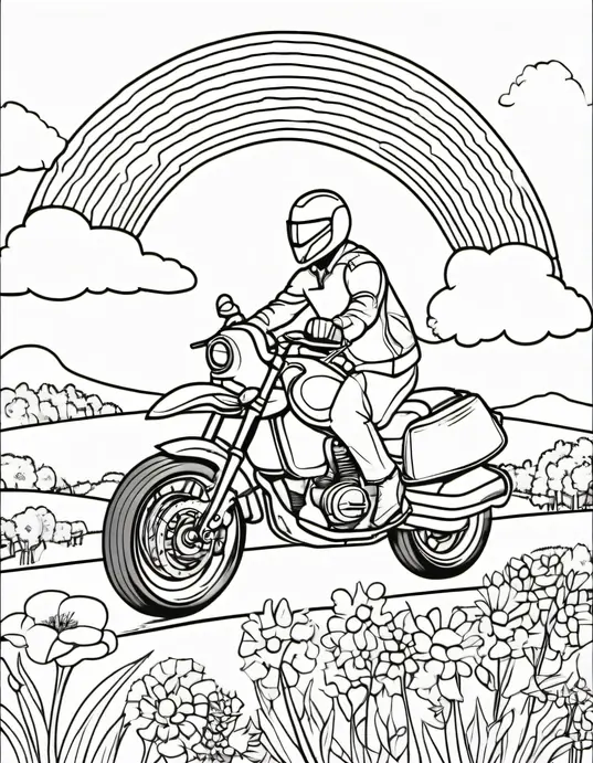 Coloring Adventure: Sunny Motorcycle Ride Through a Rainbow Meadow