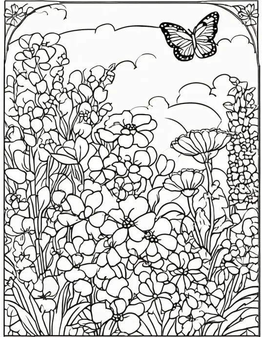 Butterfly Garden Coloring Scene for Kids