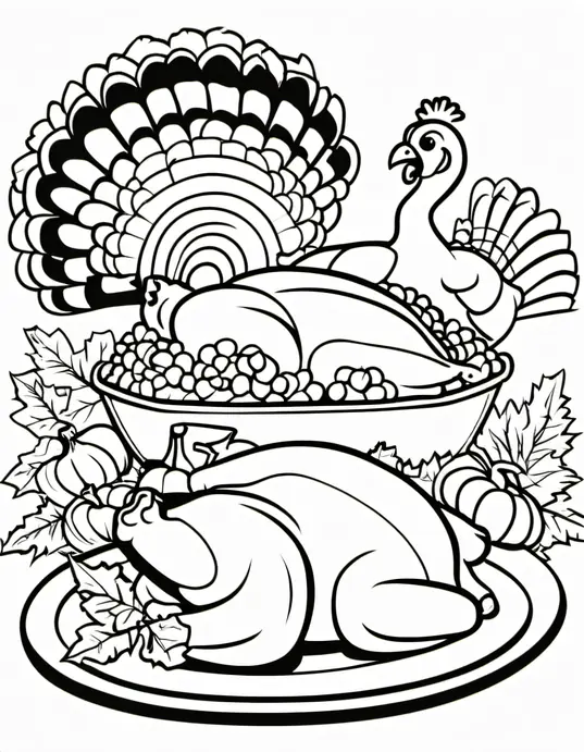 Turkey-Filled Feast Coloring Scene for Kids