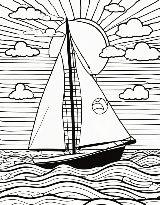 Sailboat Sunset Coloring Scene