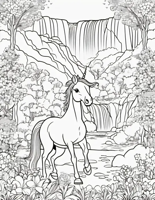 Magical Unicorn Forest Coloring Scene for Kids