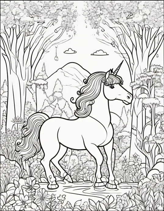 Magical Unicorn Forest Princess Coloring Page