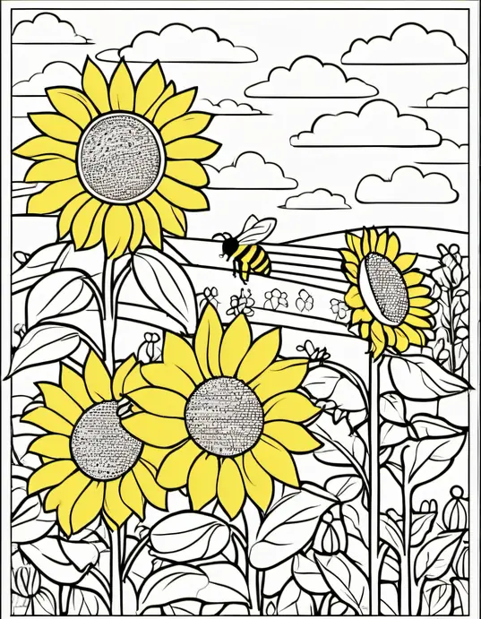 Colorful Sunflower Field for Kids to Color