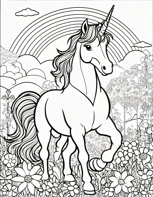 Color and Play: Rainbow Unicorn Meadow Scene