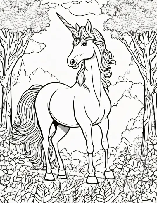 Magical Unicorn Forest Fairy Coloring Scene
