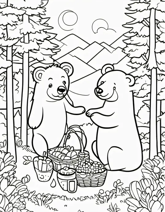 Colouring a Sunny Forest Bear Picnic Scene