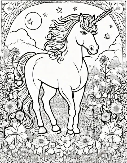 Magical Unicorn Garden Coloring Scene