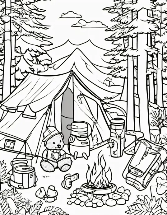 Explore Forest Friends Campsite Coloring Scene