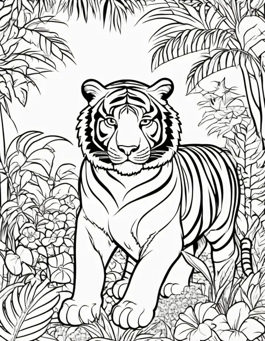 Tiger Jungle Coloring Scene