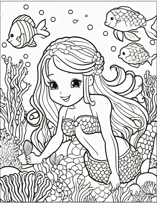 Kawaii Mermaid Underwater Coloring Scene