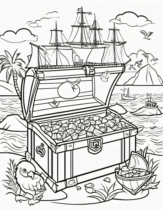 Pirate Treasure Island Coloring Scene for Kids