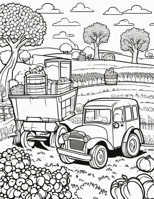 Truck Farm Coloring Page: Harvest Vehicles in Orchard