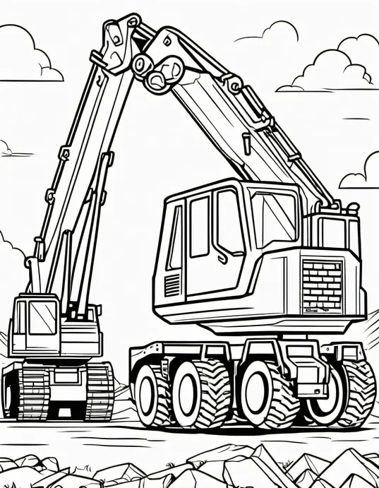 Exciting Crane and Dumper Truck Coloring Scene