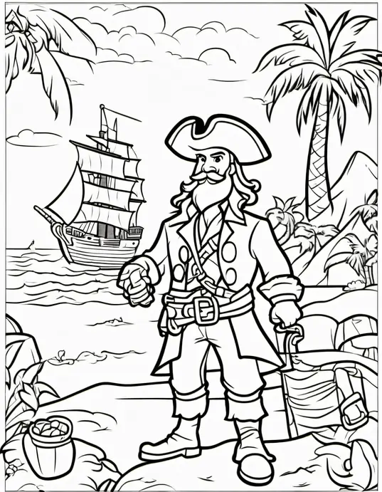 Pirate Treasure Island Coloring Scene for Kids