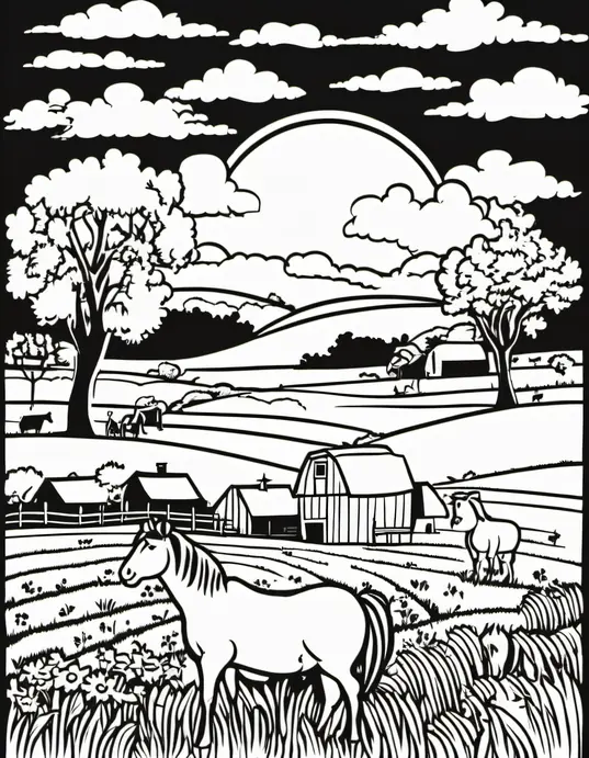 Coloring Barnyard Friends: Sunset Pasture Scene
