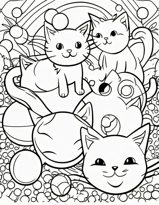 Coloring Happy Kittens Playing with Balls