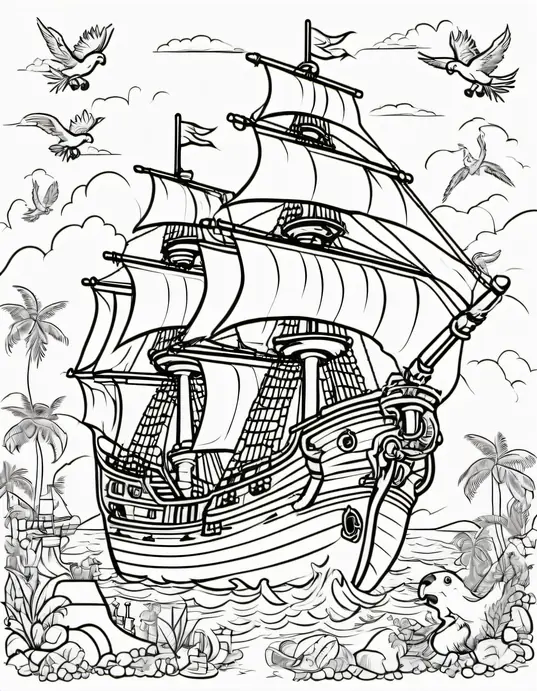 Pirate Ship Treasure Hunt Coloring Scene