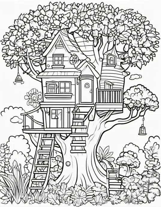 Explore Sunny Treehouse Coloring Scene