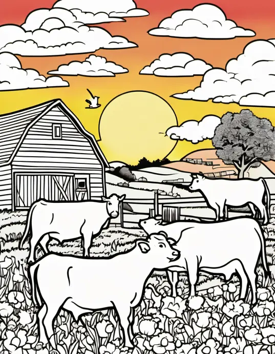 Colorful Sunset Barn Yard Scene with Farm Animals