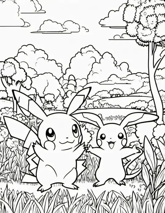 Pokemon Coloring: Catch Pikachu in Grassland Scene