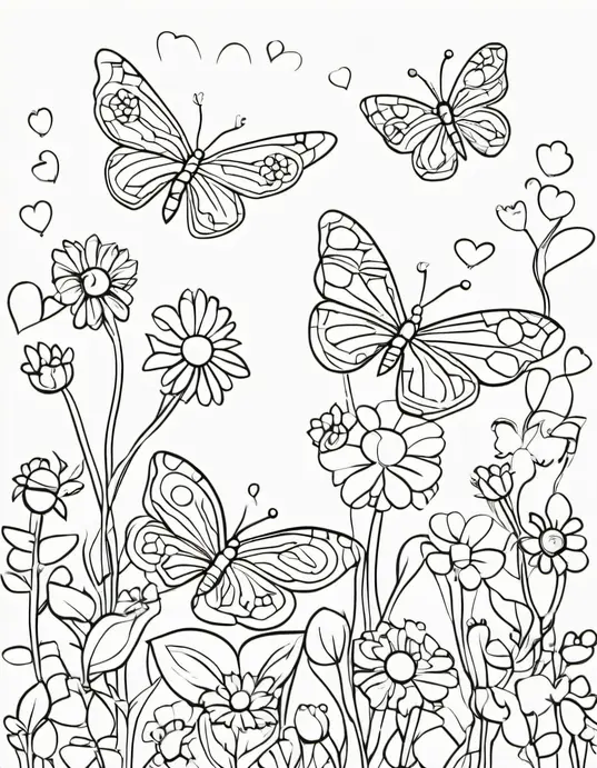 Heart-Shaped Butterfly Garden Coloring Scene