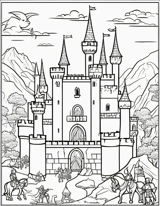 Medieval Castle Coloring Scene with Brave Knights and Majestic Dragons