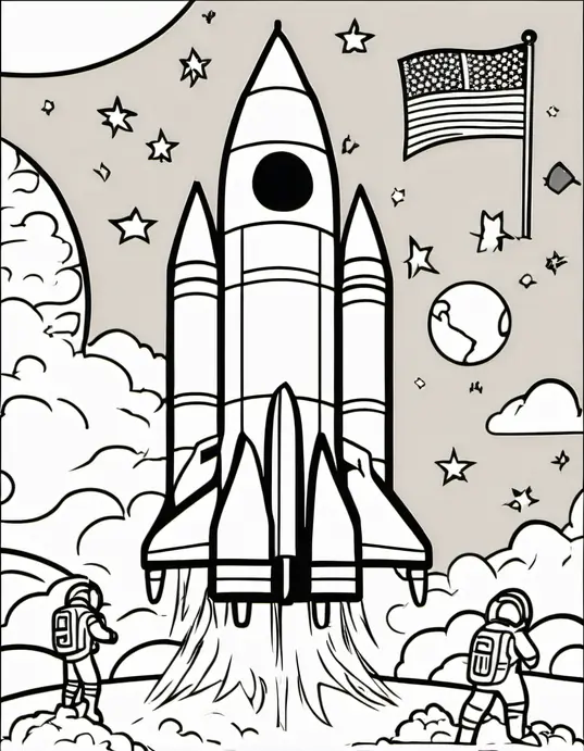 Space Adventure: Coloring Astronauts Blasting Off on a Moon Rocket