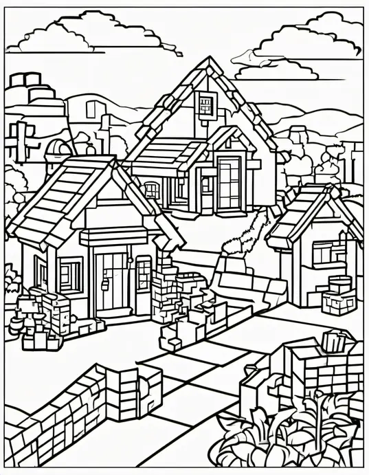 Minecraft Village Coloring Page for Kids