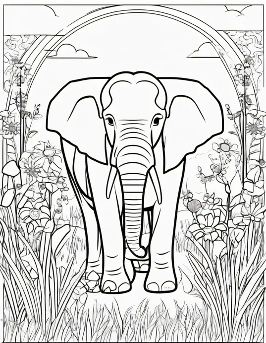Exciting Savannah Coloring Page: Elephant and Giraffe Friends