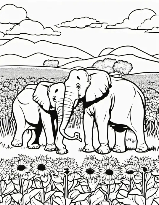 Coloring Jungle Elephants Under Sunflowers
