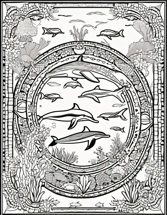 Colourful Underwater Mandala for Kids: Dolphins and Coral Reef