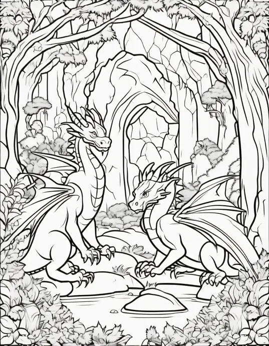 Color Dragons in their Enchanted Forest Cave Scene