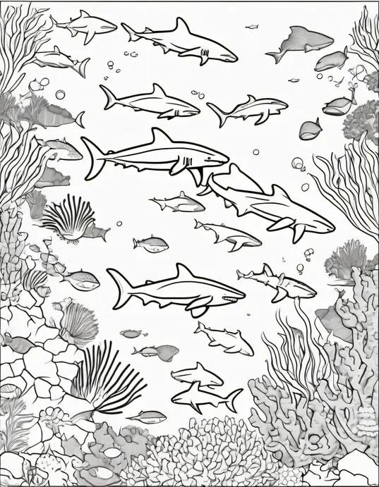 Color Sharks Diving in Coral Reef Scene