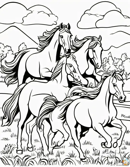 Color & Create: Sunset Gallop through Meadow Horses