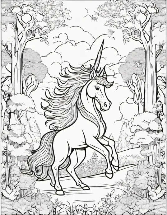 Coloring Magical Unicorn and Dragon Forest Scene