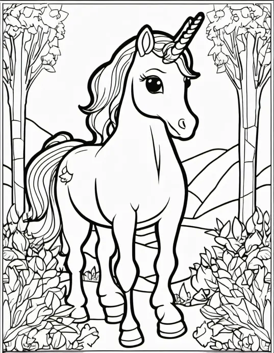 Enchanting Unicorn Forest Coloring Scene