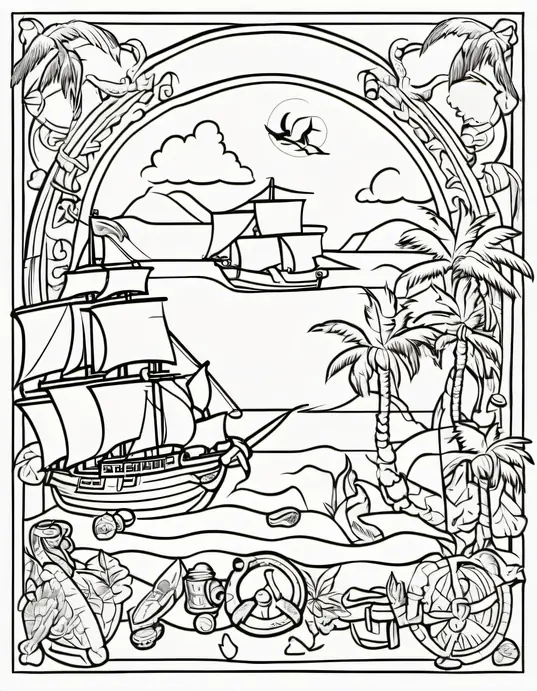 Pirate Treasure Island Coloring Scene for Kids
