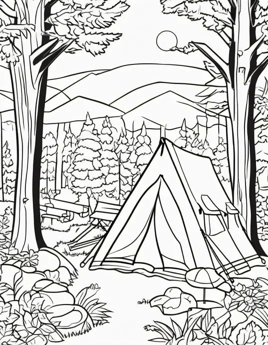 Explore Forest Friends Campsite Coloring Scene