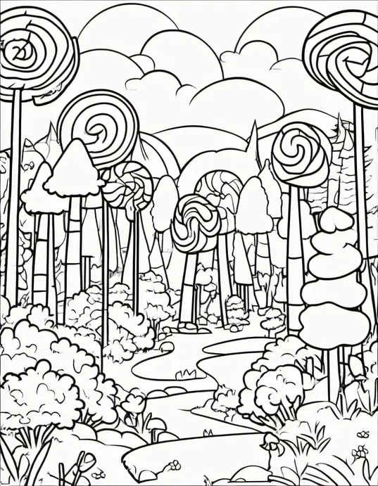 Sweet Candyland Coloring Scene: Lollipop Forest Adventure