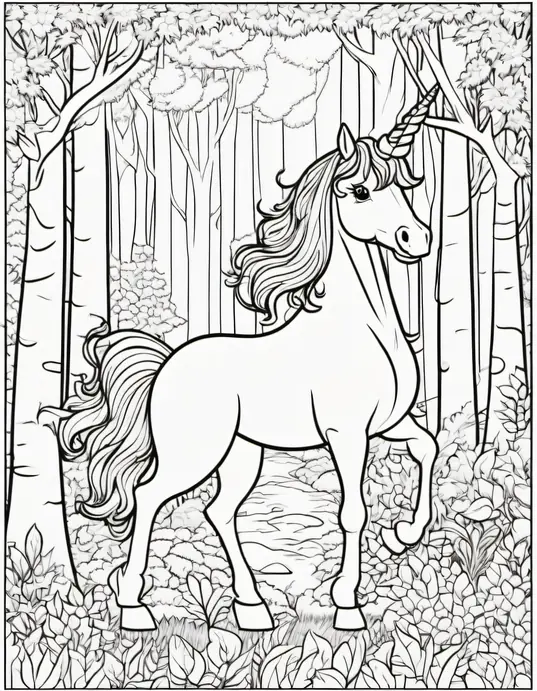 Magical Unicorn Forest Coloring Scene