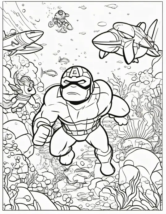 Color Marvel Superheroes Underwater Adventure Scene