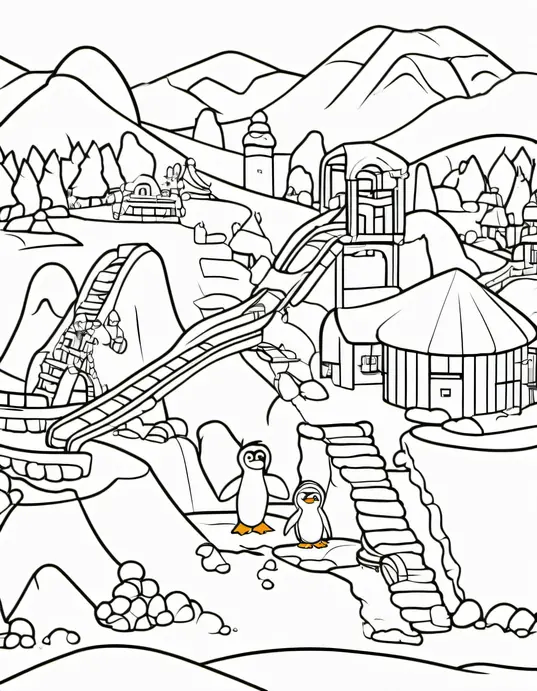 Penguin Playground Coloring Scene for Kids