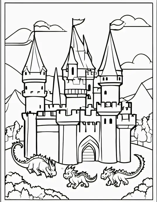 Medieval Castle Coloring Page: Knightly Dragons Playtime
