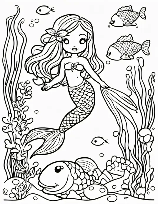 Kawaii Mermaid Underwater Coloring Scene