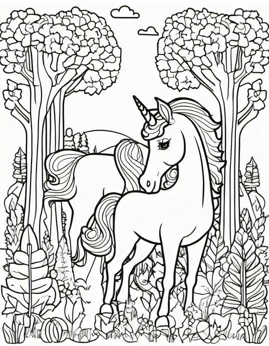 Magical Unicorn Forest Coloring Page