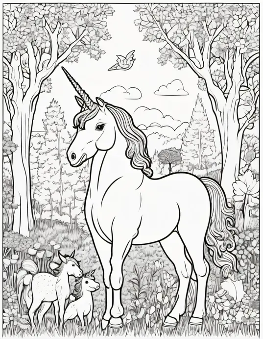 Enchanted Forest Coloring Page: Unicorn Meadow Adventure