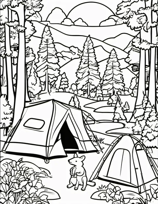 Explore Forest Campsite Coloring Scene for Kids