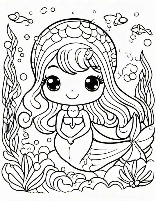 Kawaii Mermaid Rainbow Underwater Coloring Scene